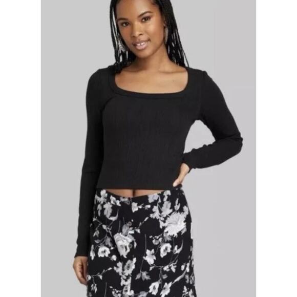 Wild Fable Women Small Trendy Square Neck Black Long Sleeve Pointelle Shirt New - Picture 7 of 8